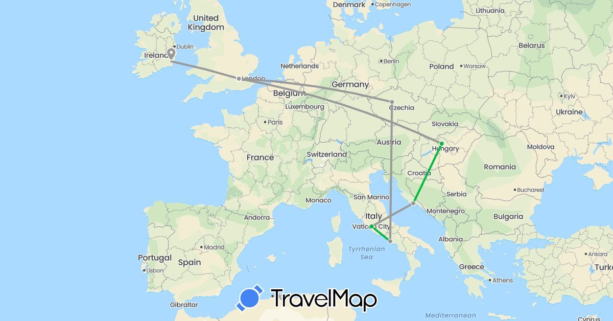 TravelMap itinerary: driving, bus, plane in Czech Republic, United Kingdom, Croatia, Hungary, Italy (Europe)